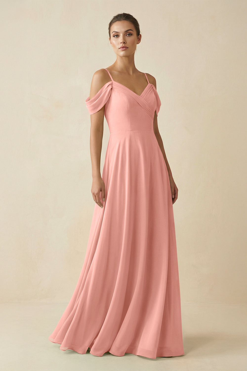 Off-the-Shoulder A-Line Pleated Chiffon Bridesmaid Gown in Rosette