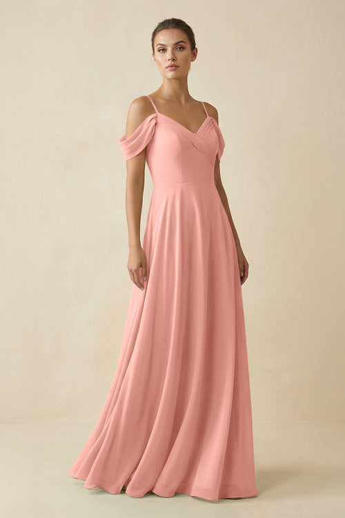 Rosette Off-the-Shoulder A-Line Pleated Chiffon Bridesmaid Gown | KISSBRIDAL