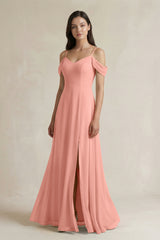 Rosette Off-the-Shoulder Chiffon A-Line Bridesmaid Dress | KISSBRIDAL