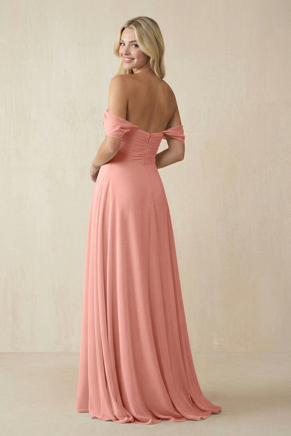 Off-the-Shoulder Chiffon A-Line Long Bridesmaid Dress in Rosette