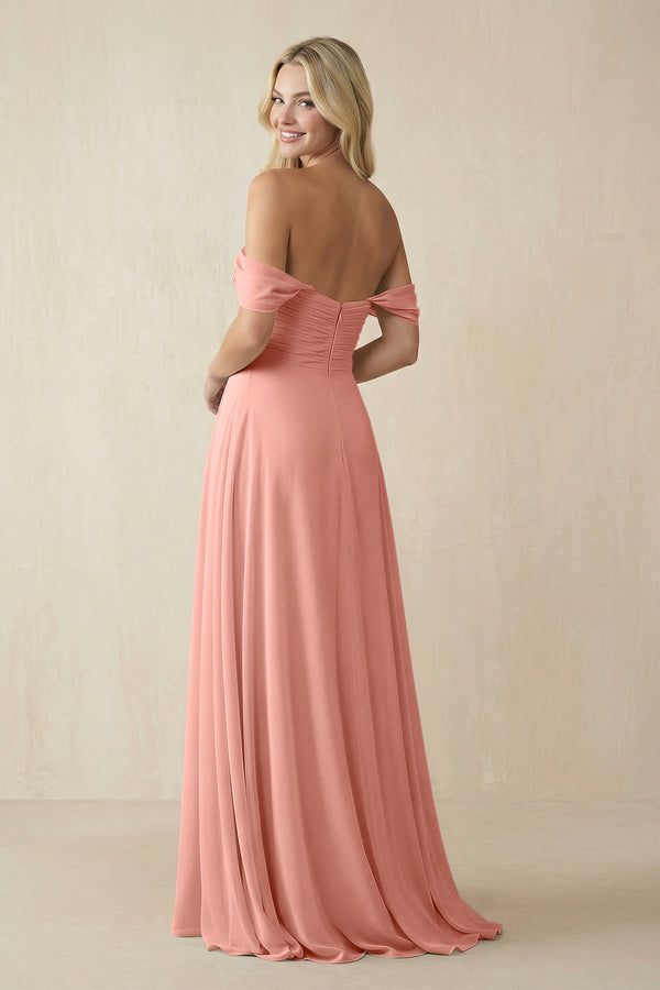 Rosette Off-the-Shoulder Chiffon A-Line Long Bridesmaid Dress (2) | KISSBRIDAL