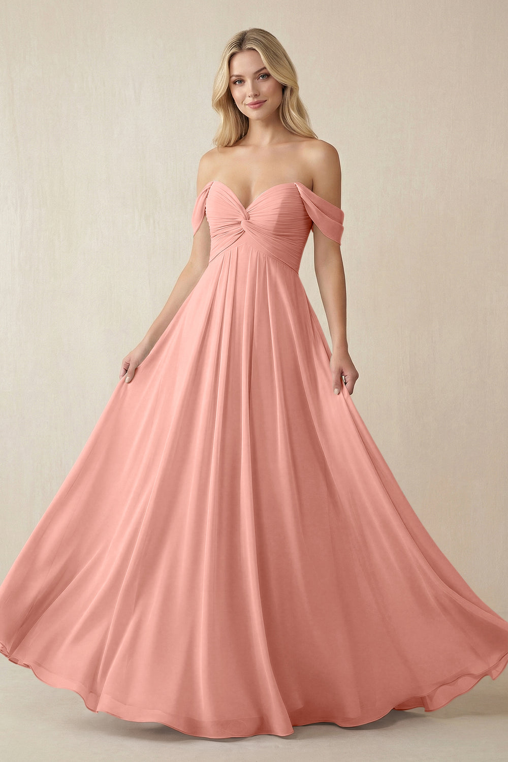 Off-the-Shoulder Chiffon A-Line Long Bridesmaid Dress in Rosette