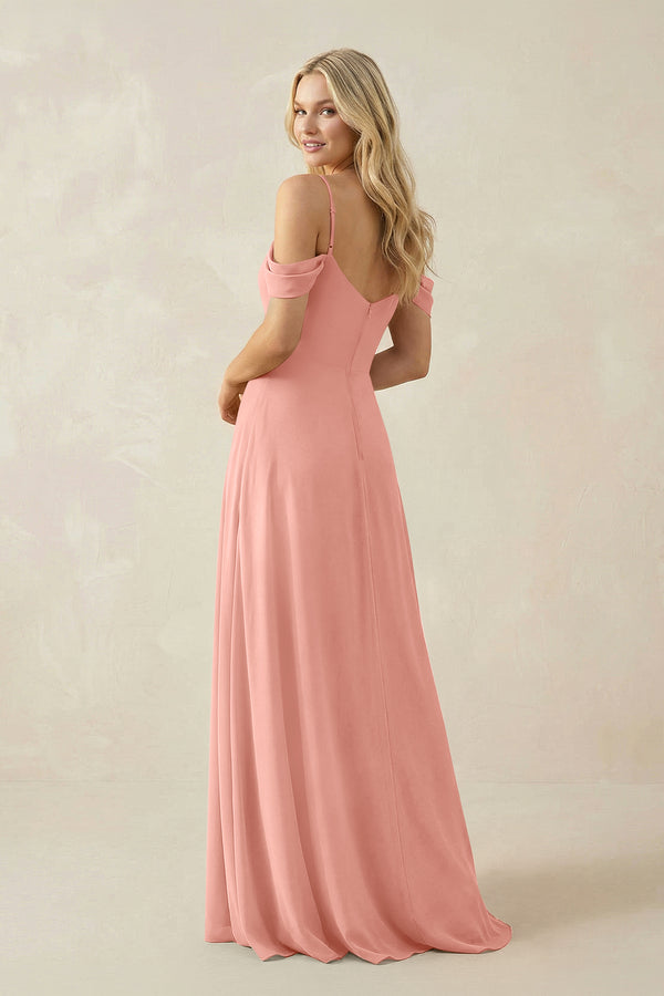 Rosette Off-the-Shoulder Chiffon A-Line Maxi Bridesmaid Dress (2) | KISSBRIDAL