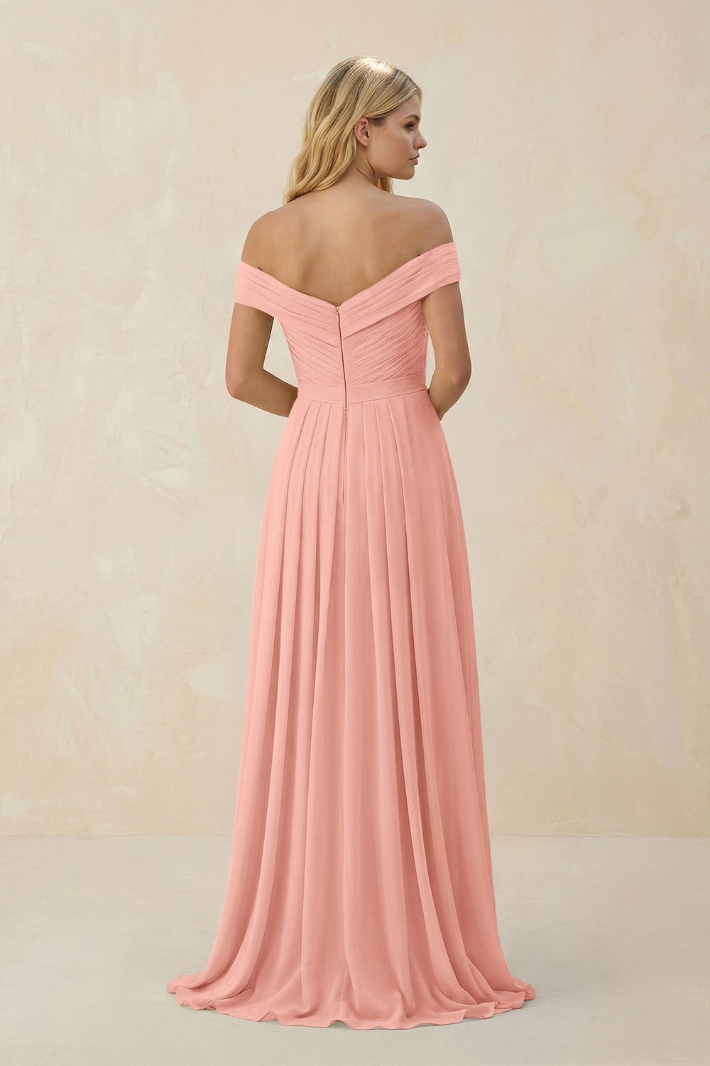 Off-the-Shoulder Pleated A-Line Chiffon Bridesmaid Dress in Rosette