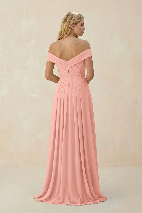 Rosette Off-the-Shoulder Pleated A-Line Chiffon Bridesmaid Dress (2) | KISSBRIDAL