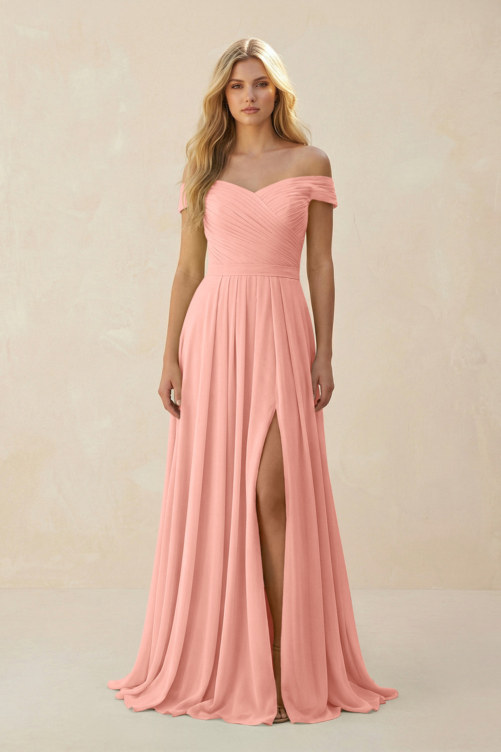 Off-the-Shoulder Pleated A-Line Chiffon Bridesmaid Dress in Rosette