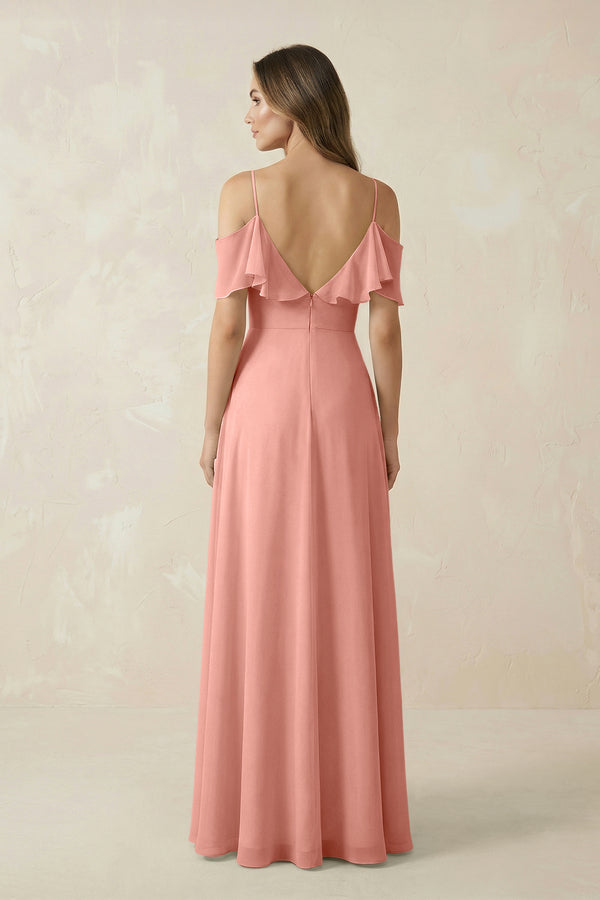 Rosette Off-the-Shoulder Ruffled A-Line Chiffon Bridesmaid Dress (2) | KISSBRIDAL