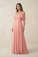 Rosette Off-the-Shoulder Ruffled A-Line Chiffon Bridesmaid Dress | KISSBRIDAL