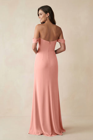 Rosette Off-the-Shoulder Sheath Bridesmaid Dress with Slit (2) | KISSBRIDAL