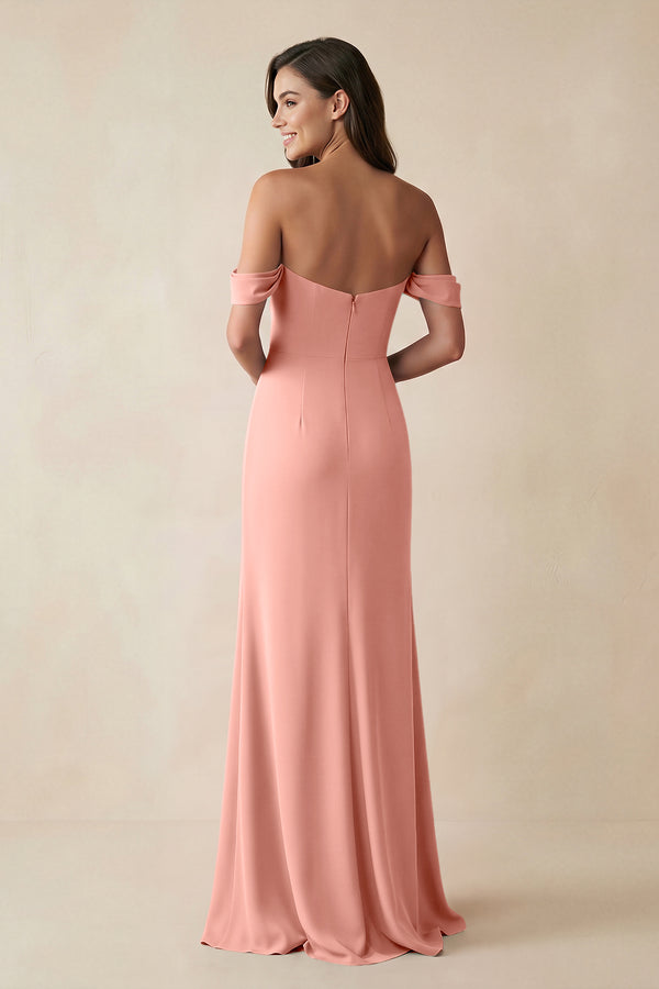 Rosette Off-the-Shoulder Sheath Bridesmaid Dress with Slit (2) | KISSBRIDAL