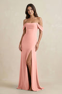 Rosette Off-the-Shoulder Sheath Bridesmaid Dress with Slit | KISSBRIDAL