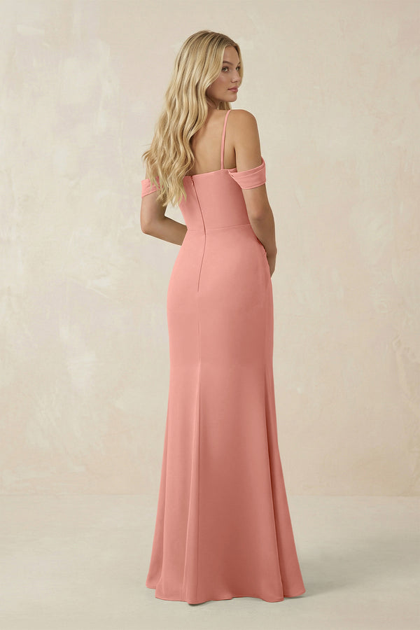 Rosette Off-the-Shoulder Sheath Chiffon Ruched Bridesmaid Dress (2) | KISSBRIDAL
