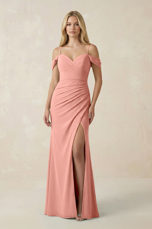 Rosette Off-the-Shoulder Sheath Chiffon Ruched Bridesmaid Dress | KISSBRIDAL
