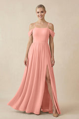 Rosette Off-the-Shoulder Sweetheart A-Line Chiffon Bridesmaid Dress | KISSBRIDAL