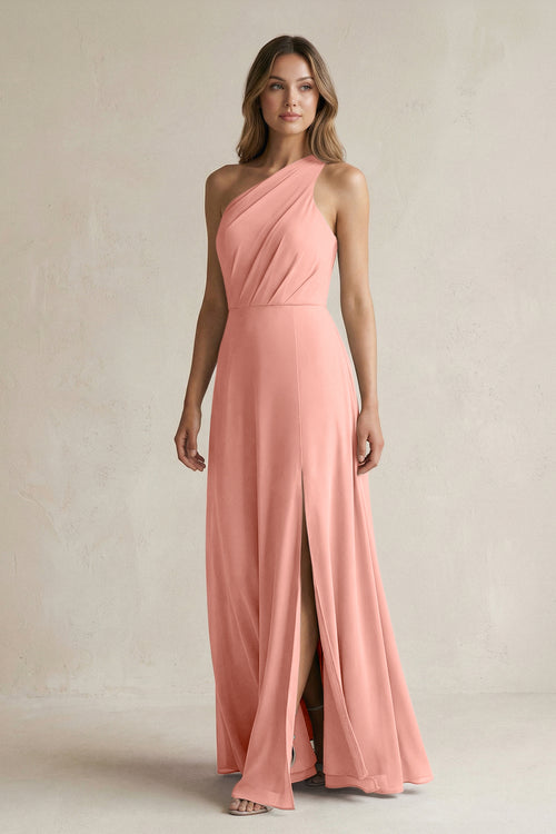 Rosette One-Shoulder Chiffon A-Line Bridesmaid Dress With Slit | KISSBRIDAL