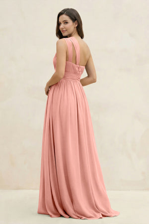 Rosette One-Shoulder Pleated A-Line Chiffon Bridesmaid Dress (2) | KISSBRIDAL