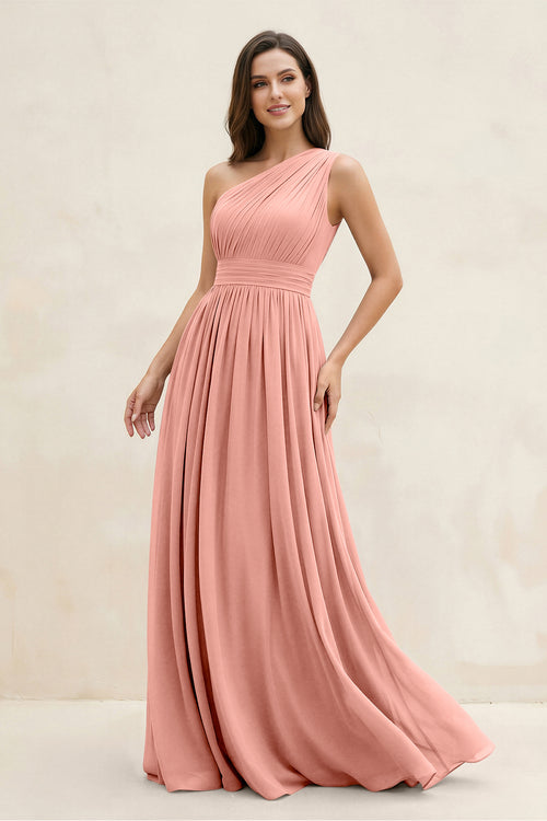 Rosette One-Shoulder Pleated A-Line Chiffon Bridesmaid Dress | KISSBRIDAL