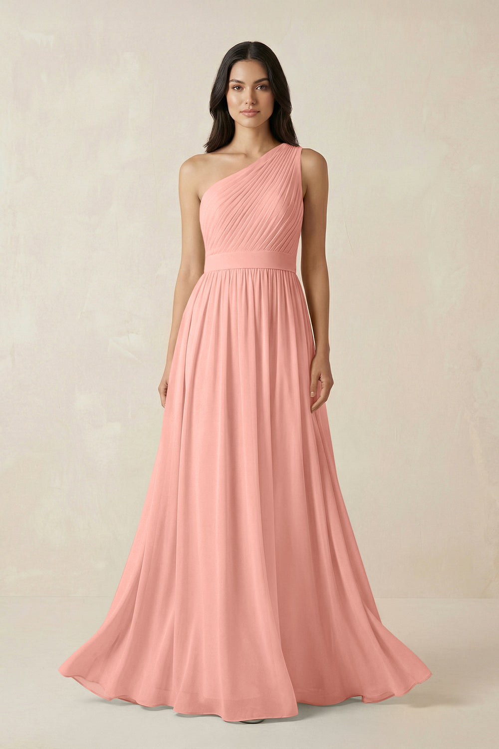 One-Shoulder Pleated Chiffon Bridesmaid Gown in Rosette
