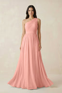 Rosette One-Shoulder Pleated Chiffon Bridesmaid Gown | KISSBRIDAL