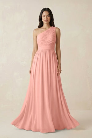 Rosette One-Shoulder Pleated Chiffon Bridesmaid Gown | KISSBRIDAL
