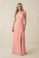 Rosette One-Shoulder Ruched A-Line Chiffon Bridesmaid Dress | KISSBRIDAL