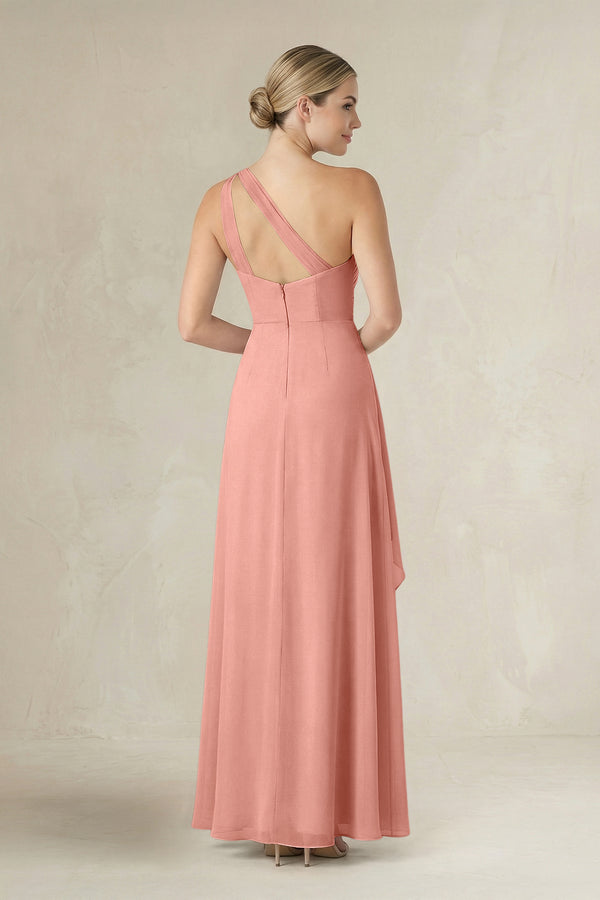 Rosette One-Shoulder Sheath Ruched Ruffled Bridesmaid Dress in Rosette (2) | KISSBRIDAL