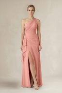 Rosette One-Shoulder Sheath Ruched Ruffled Bridesmaid Dress in Rosette | KISSBRIDAL