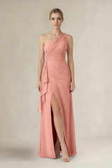 Rosette One-Shoulder Sheath Ruched Ruffled Bridesmaid Dress in Rosette | KISSBRIDAL