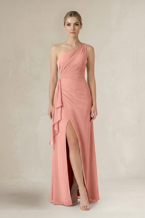 Rosette One-Shoulder Sheath Ruched Ruffled Bridesmaid Dress in Rosette | KISSBRIDAL