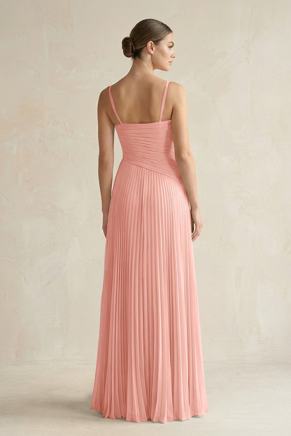 Rosette Pleated A-Line Long Chiffon Bridesmaid Dress (2) | KISSBRIDAL