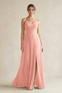 Rosette Pleated A-Line Long Chiffon Bridesmaid Dress | KISSBRIDAL