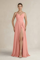 Rosette Ruched A-Line Chiffon Bridesmaid Dress with Slit | KISSBRIDAL