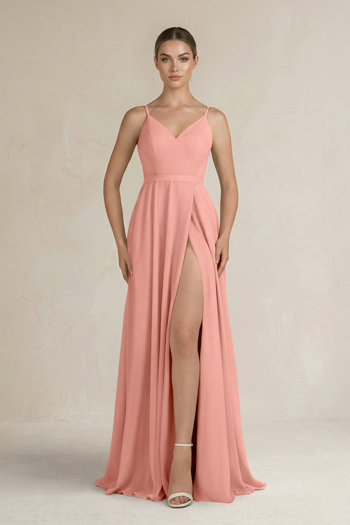Rosette Ruched A-Line Chiffon Bridesmaid Dress with Slit | KISSBRIDAL