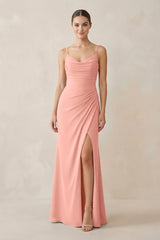 Rosette Ruched Sheath Spaghetti Strap Chiffon Bridesmaid Dress | KISSBRIDAL