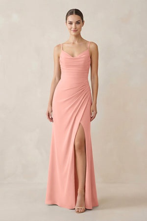 Rosette Ruched Sheath Spaghetti Strap Chiffon Bridesmaid Dress | KISSBRIDAL