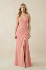 Rosette Ruched Sheath Spaghetti Strap Chiffon Bridesmaid Dress | KISSBRIDAL