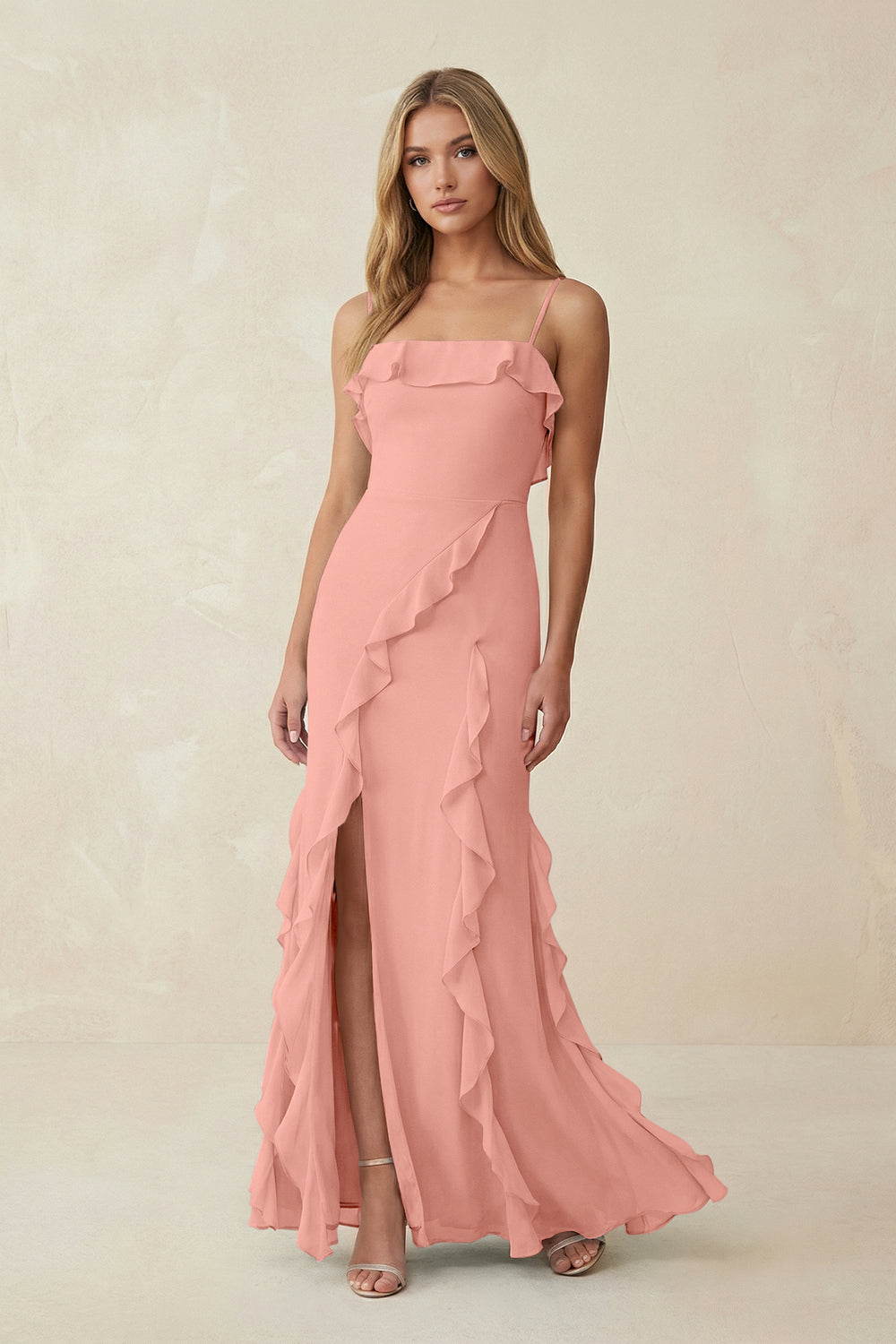 Ruffled Cami Strap Chiffon Sheath Bridesmaid Dress in Rosette