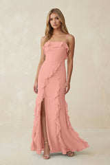 Rosette Ruffled Cami Strap Chiffon Sheath Bridesmaid Dress | KISSBRIDAL