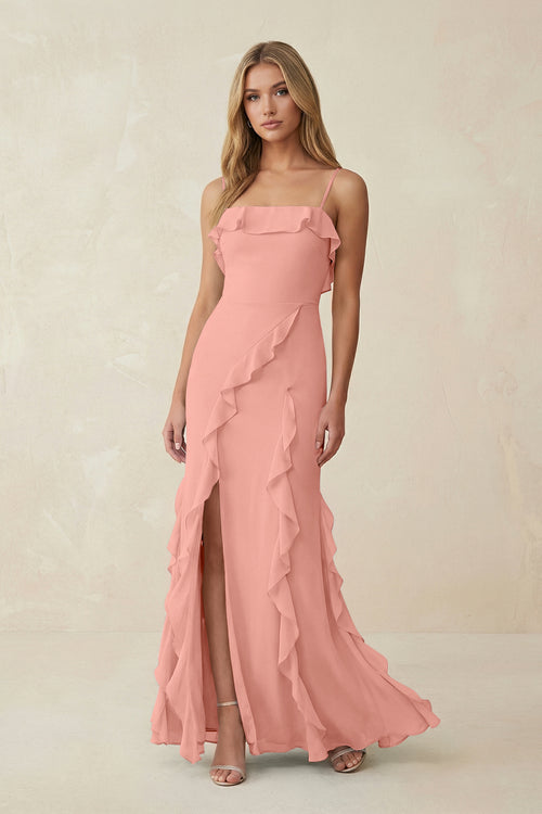 Rosette Ruffled Cami Strap Chiffon Sheath Bridesmaid Dress | KISSBRIDAL