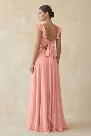 Rosette Ruffled Chiffon A-Line Long Bridesmaid Dress (2) | KISSBRIDAL