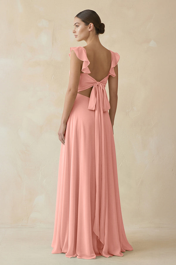 Rosette Ruffled Chiffon A-Line Long Bridesmaid Dress (2) | KISSBRIDAL