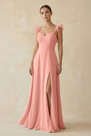 Rosette Ruffled Chiffon A-Line Long Bridesmaid Dress | KISSBRIDAL