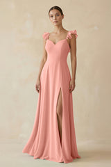 Rosette Ruffled Chiffon A-Line Long Bridesmaid Dress | KISSBRIDAL