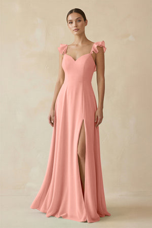 Rosette Ruffled Chiffon A-Line Long Bridesmaid Dress | KISSBRIDAL