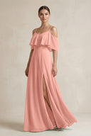 Rosette Ruffled Off-the-Shoulder A-Line Chiffon Bridesmaid Gown | KISSBRIDAL