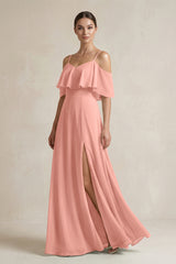 Rosette Ruffled Off-the-Shoulder A-Line Chiffon Bridesmaid Gown | KISSBRIDAL