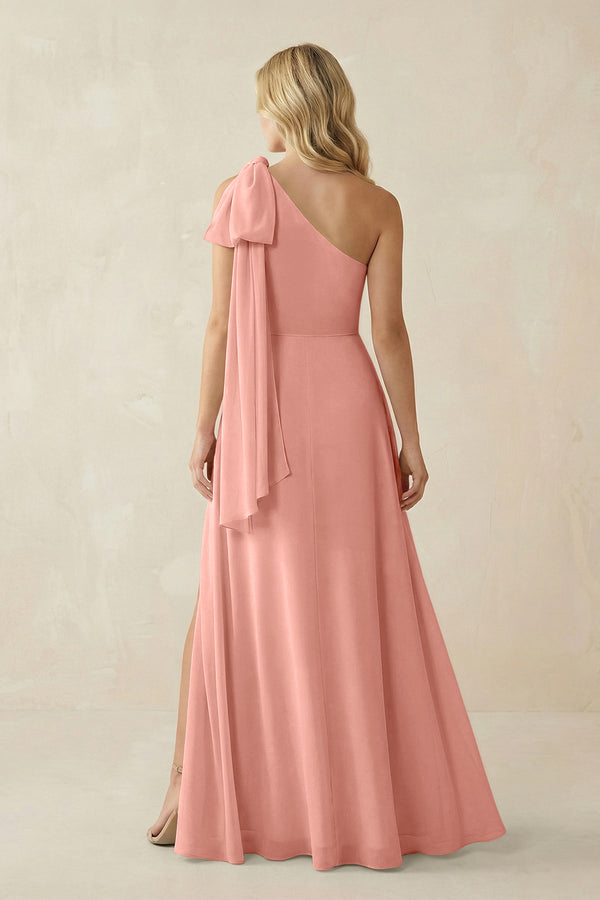 Rosette Ruffled One Shoulder Chiffon Bridesmaid Dress With Slit in Rosette (2) | KISSBRIDAL