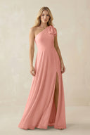 Rosette Ruffled One Shoulder Chiffon Bridesmaid Dress With Slit in Rosette | KISSBRIDAL