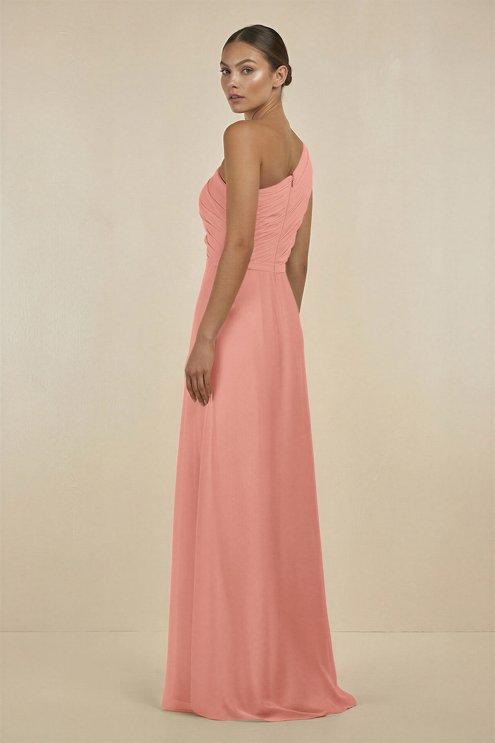 Ruffled One-Shoulder Pleated Sheath Bridesmaid Dress in Rosette