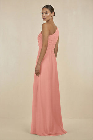 Rosette Ruffled One-Shoulder Pleated Sheath Bridesmaid Dress (2) | KISSBRIDAL